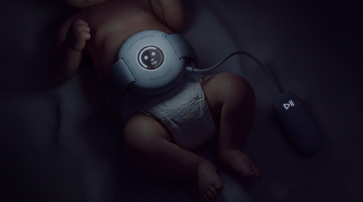 Baby’s Calm OS belt screen and controller illuminated in low light