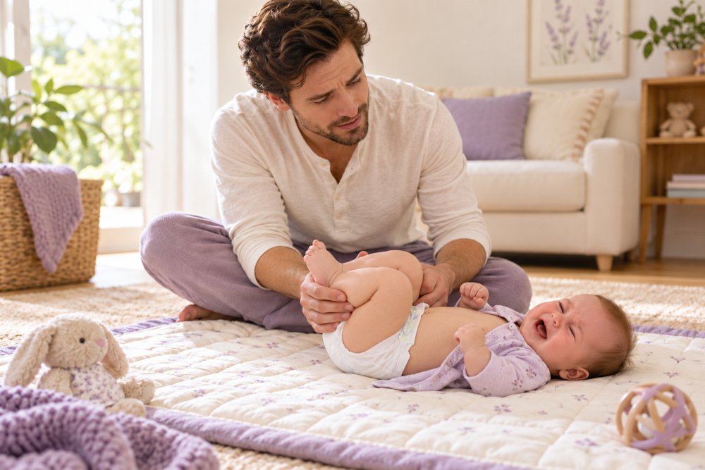 An attentive father gently bending his crying baby’s knees toward the tummy while the baby lies on their back