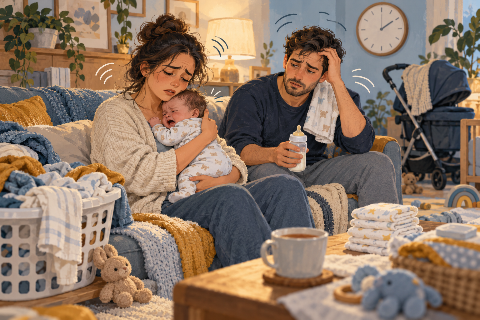 Exhausted parents trying to soothe their crying baby while juggling everyday care