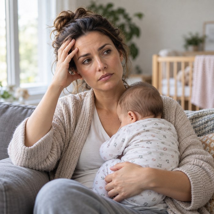 A tired mother holding her baby