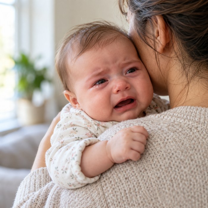 A baby seeking comfort in a caregiver’s arms